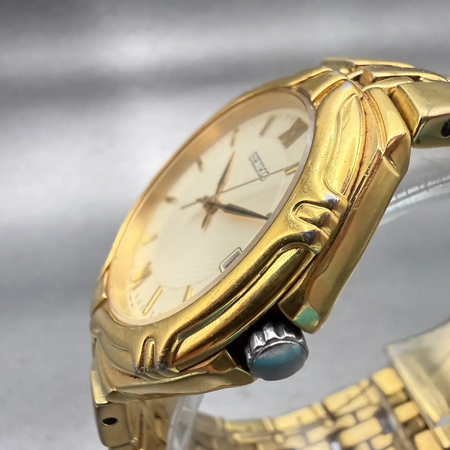Seiko Watch Men 36mm Ivory Dial Gold Tone Date Round 7N42-6C10 New Battery VTG2