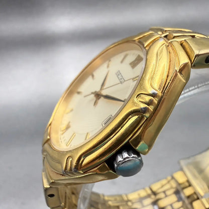 Seiko Watch Men 36mm Ivory Dial Gold Tone Date Round 7N42-6C10 New Battery VTG2