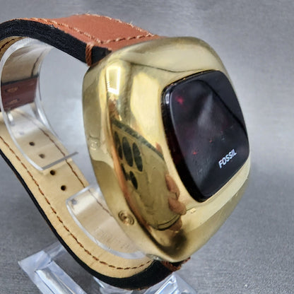 Fossil Red LED Watch Men 43mm Black Dal Gold Tone Cushion JR-7776 New Battery