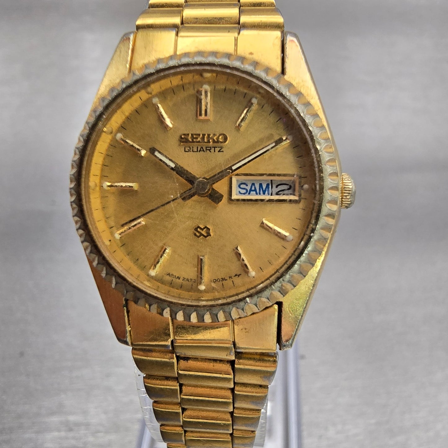 Seiko SQ Watch Women 24mm Gold Dial Gold Tone Daydate Round 2A20-0030 New Batt0