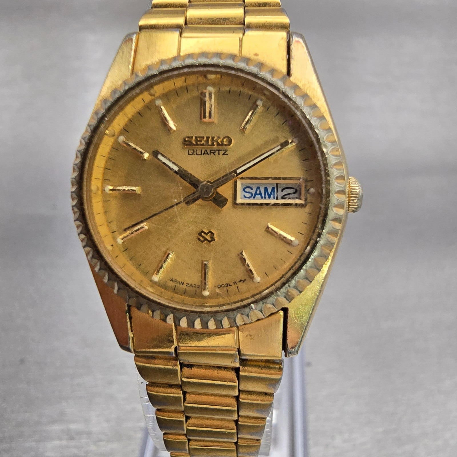 Seiko SQ Watch Women 24mm Gold Dial Gold Tone Daydate Round 2A20-0030 New Batt0