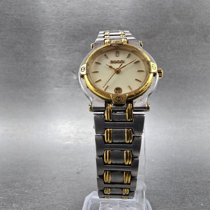 Gucci 9000L Watch Women 25mm Cream Dial Two Tone Date Round New Battery6