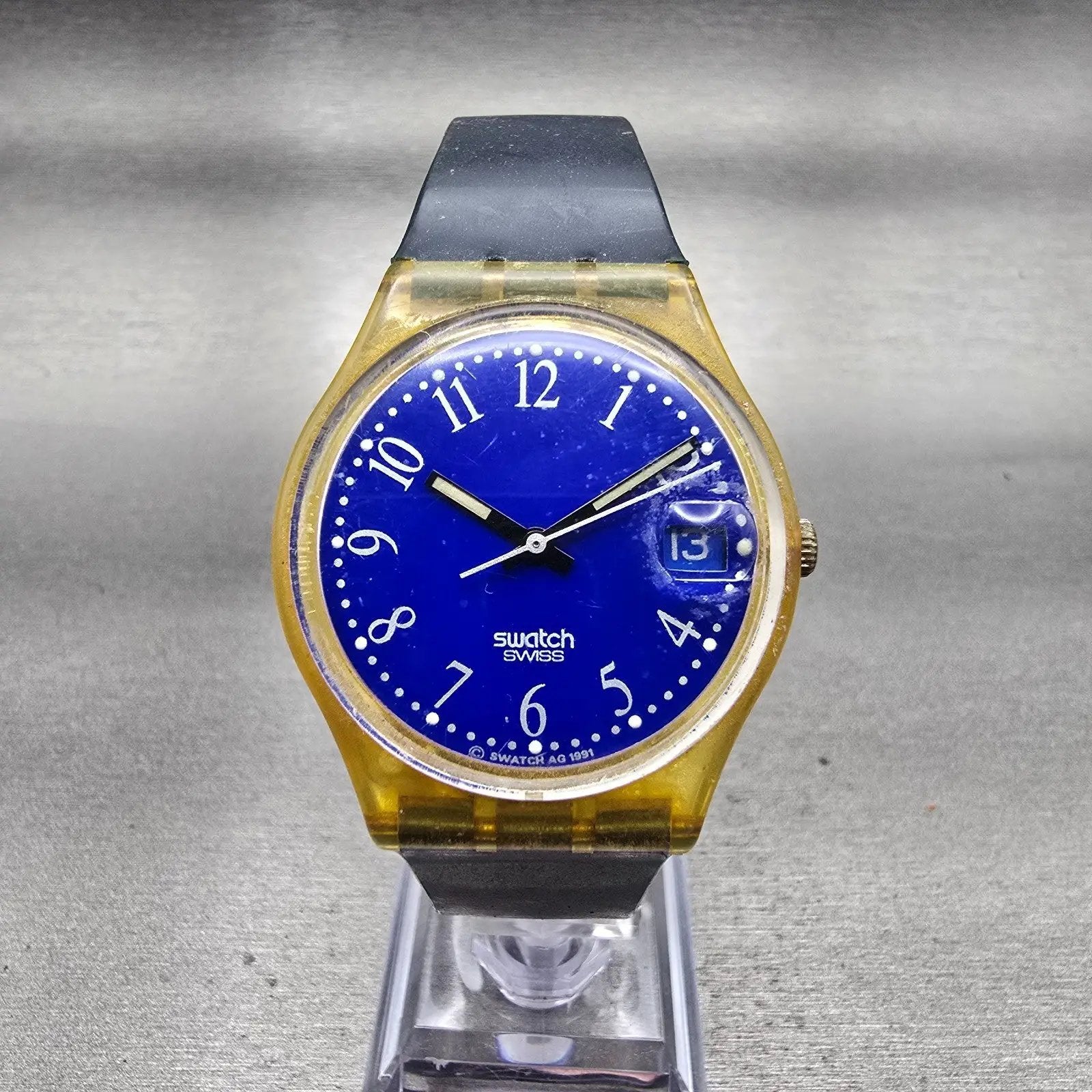 Swatch Blu-Lui Watch Men 34mm Blue Dial Clear Case Date Round GK400 New Bat0