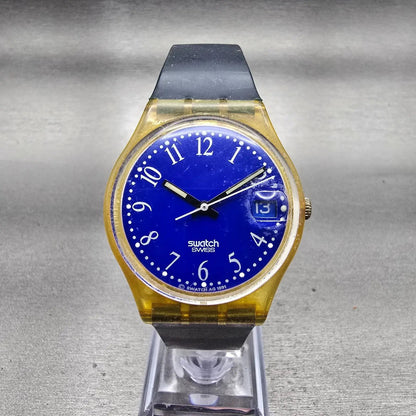 Swatch Blu-Lui Watch Men 34mm Blue Dial Clear Case Date Round GK400 New Bat0