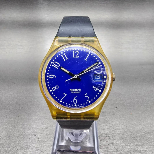Swatch Blu-Lui Watch Men 34mm Blue Dial Clear Case Date Round GK400 New Bat0