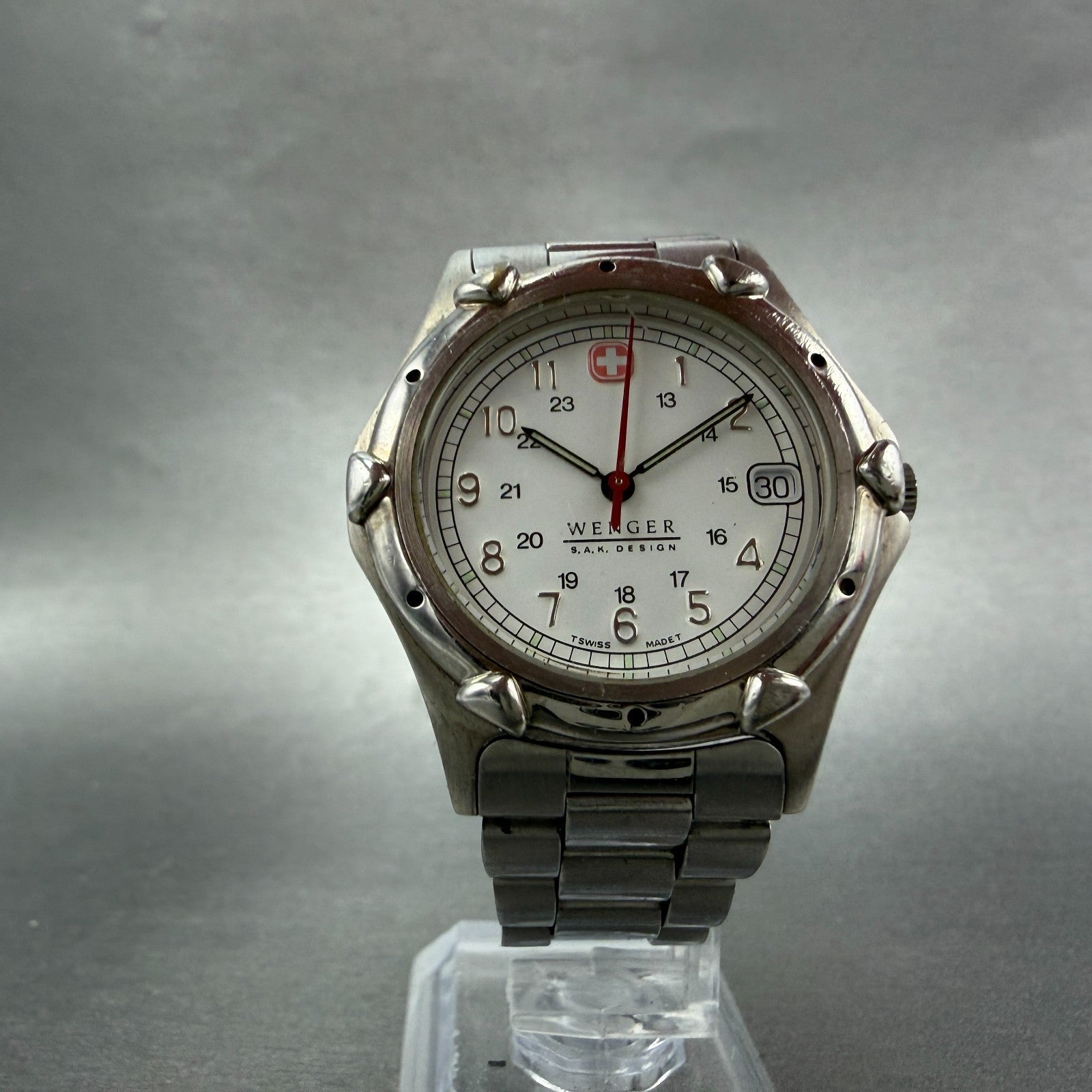 Wenger Watch Men 36mm White Dial Silver Tone Date Round PARTS Vintage6