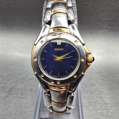 Seiko Watch Women 22mm Blue Dial Two Tone Round 1N01-0CW0 New Battery Vintage0
