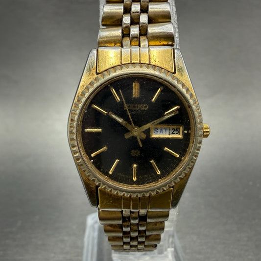 Seiko SQ Watch Women 24mm Black Dial Gold Tone Daydate 3E23-0A69 New Battery ABF0