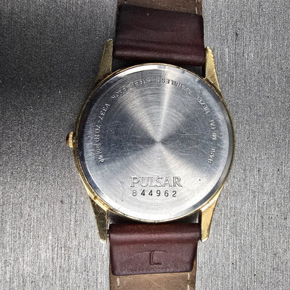 Seiko Pulsar Watch Men 32mm White Dial Gold Tone Date Round V337-7010 New Batt10