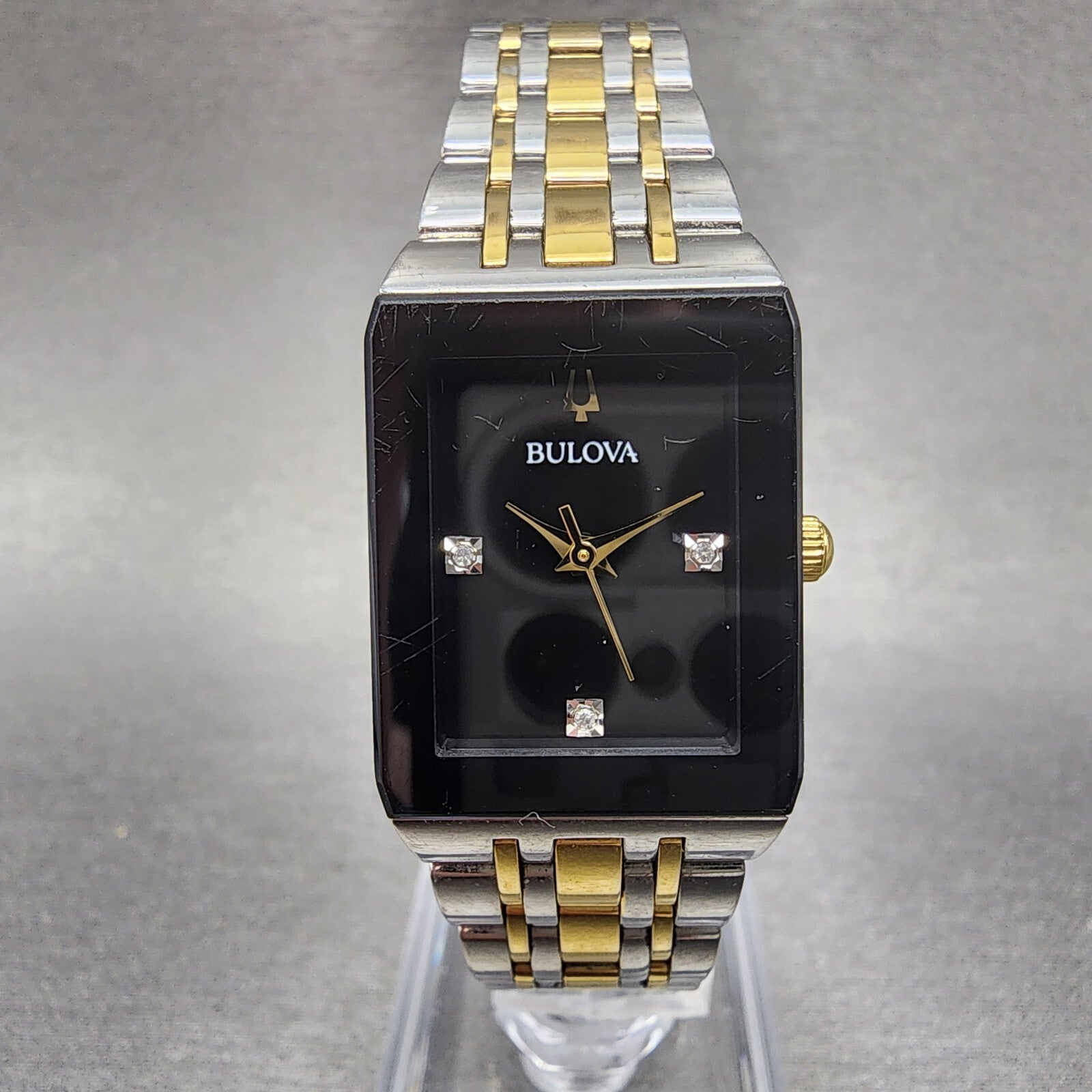 Bulova Quadra Tank Watch Women 21mm Black Dial Two Tone Date Rectangle Diamonds0