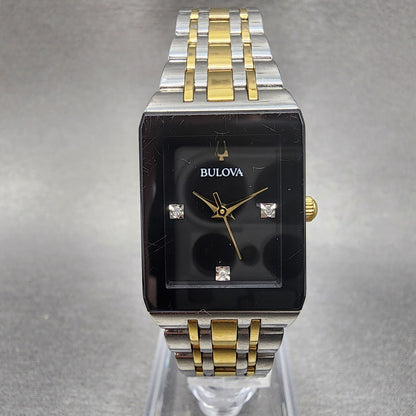 Bulova Quadra Tank Watch Women 21mm Black Dial Two Tone Date Rectangle Diamonds0