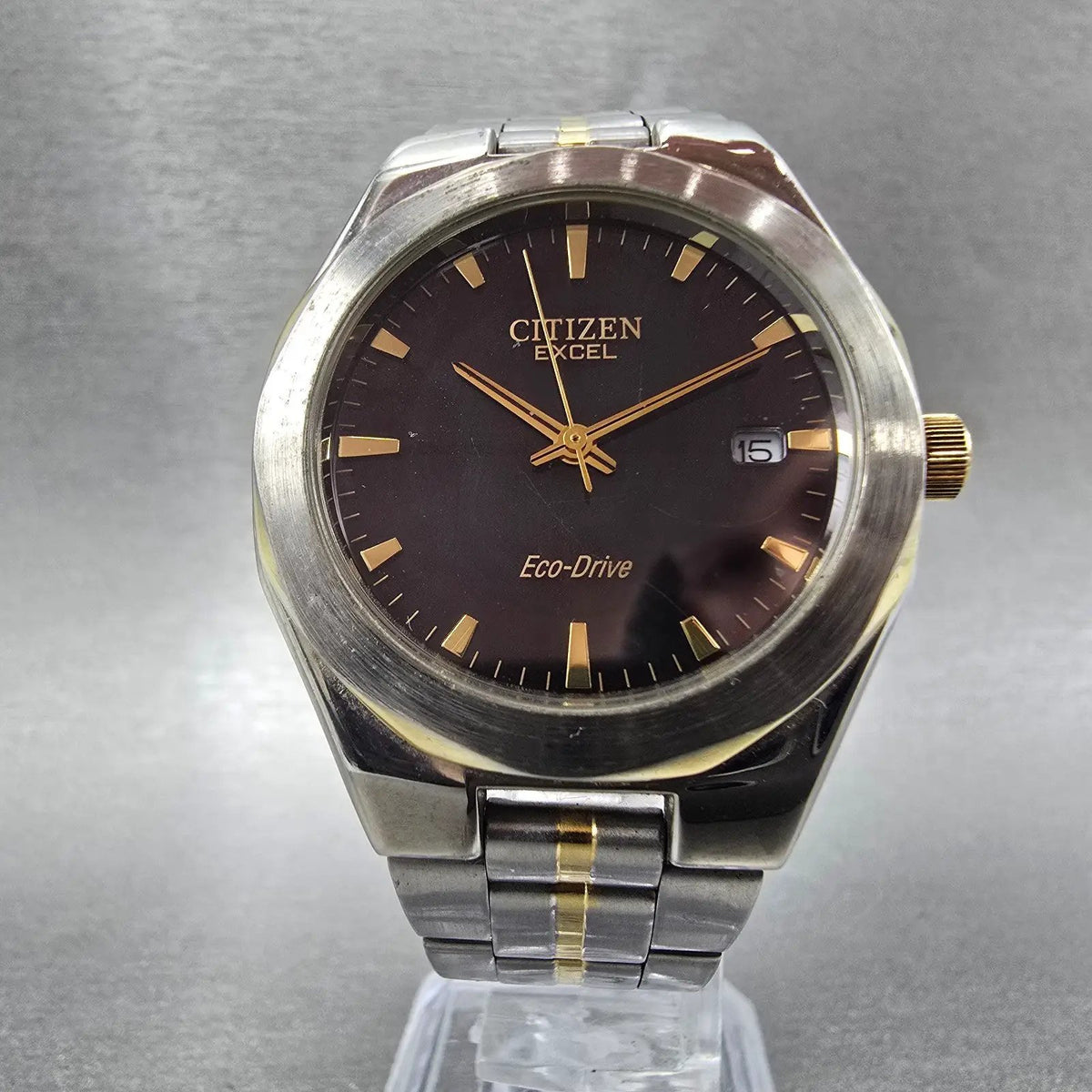 Citizen Excel Eco-Drive Watch Men 36mm Black Dial Two Tone Date Round Runs JDM5