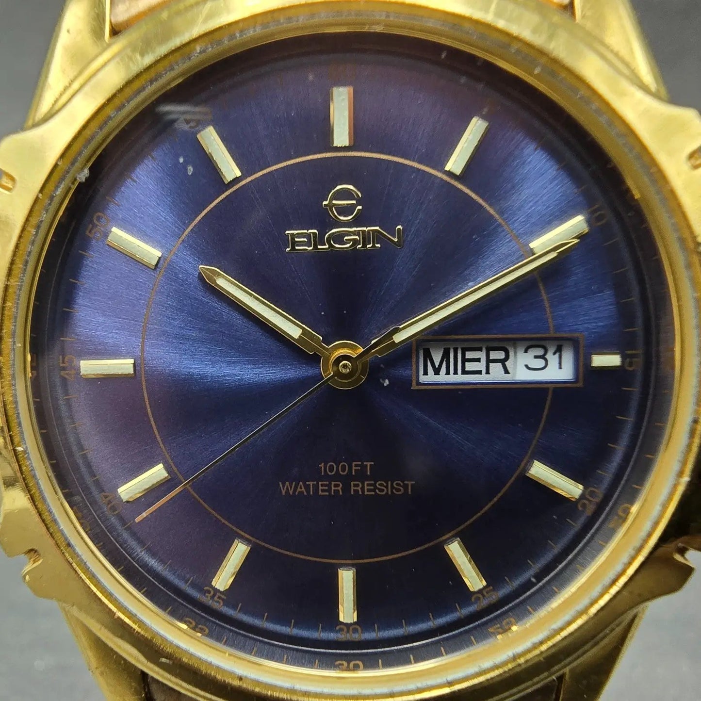 ELgin Watch Men 36mm Blue Dial Gold Tone Daydate Round FC336B New Battery1