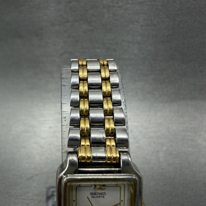 Seiko Tank Watch Women 18mm White Dial Two Tone Rectangle V401-5129 New BatteryB4