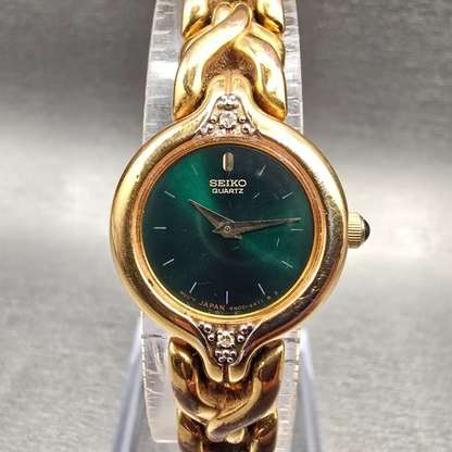 Seiko Watch Women 20mm Green Dial Gold Tone Gemmed Round 4N00-1171 New Battery0