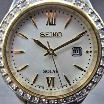 Seiko Solar Watch Women 28mm MOP Dial Two Tone Date Gemmed V137-0AA0 Works JP 871