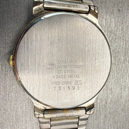 Seiko Watch Men 33mm Black Dial Two Tone Date Round V732-0090 New Battery VTG10