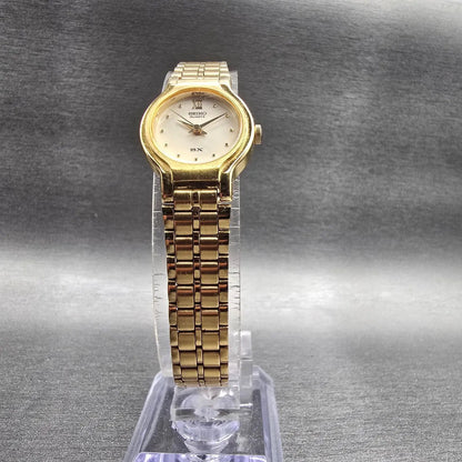Seiko SX Watch Women 19mm Champagne Dial Gold Tone Round V401-0091 New Battery G5