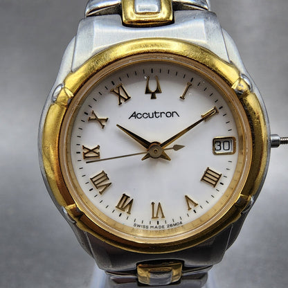 Bulova Accutron Watch Women 26mm White Dial Two Tone Date Round 28M04 New Bat1