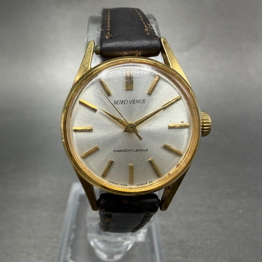 Seiko Venus Watch Women 23mm Silver Dial Gold Tone Round Manual 1904-0010 Runs0