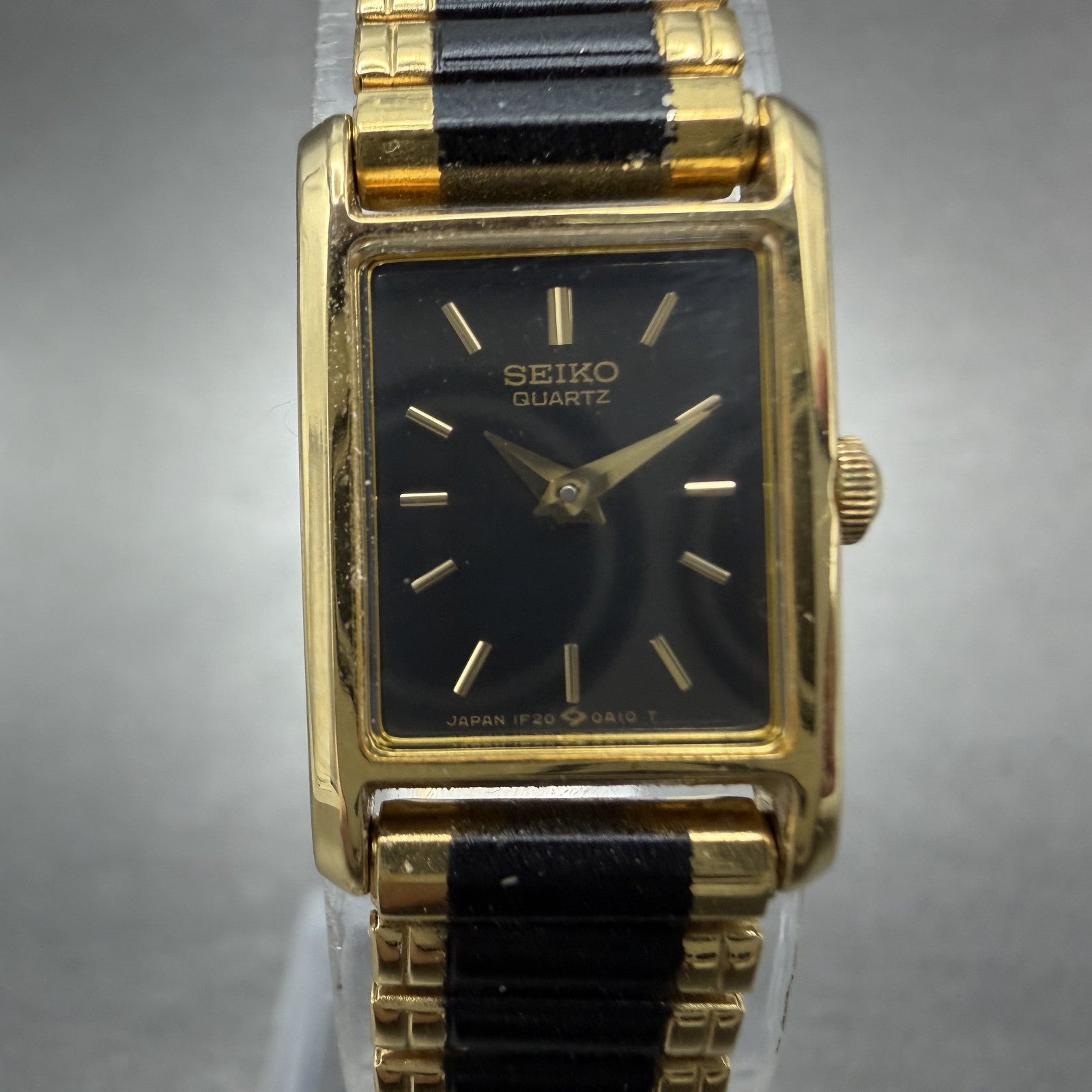 Seiko Tank Watch Women 14mm Black Dial Gold Tone Rectangle 1F20-5A69 New Batt TH1