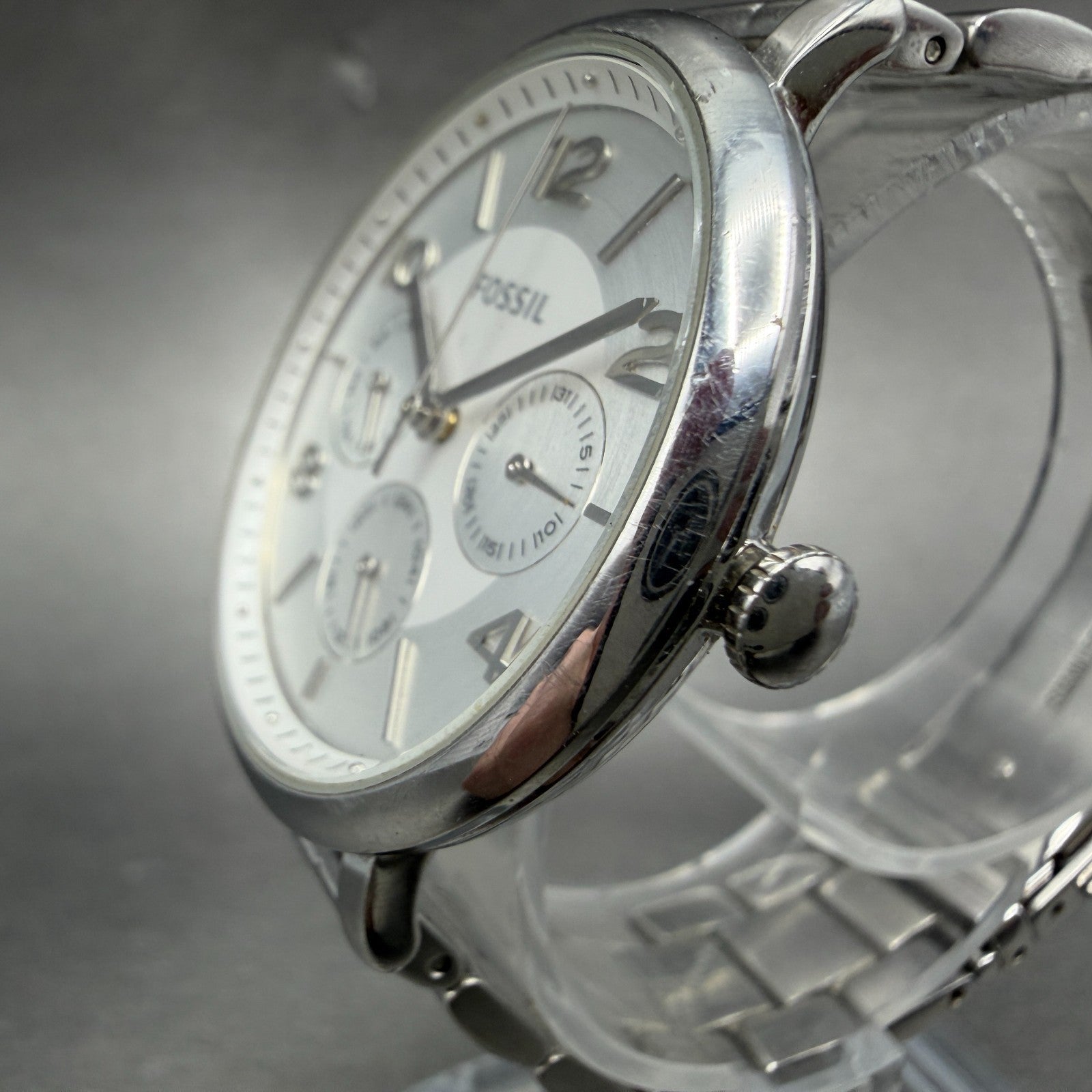 Fossil Jacqueline Watch Women 36mm Silver Dial Silver Tone Daydate Round New Bat2
