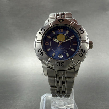 Casio Moonphase Dive Watch Women 31mm Blue Dial Steel Date Round LD-738 NewBat5