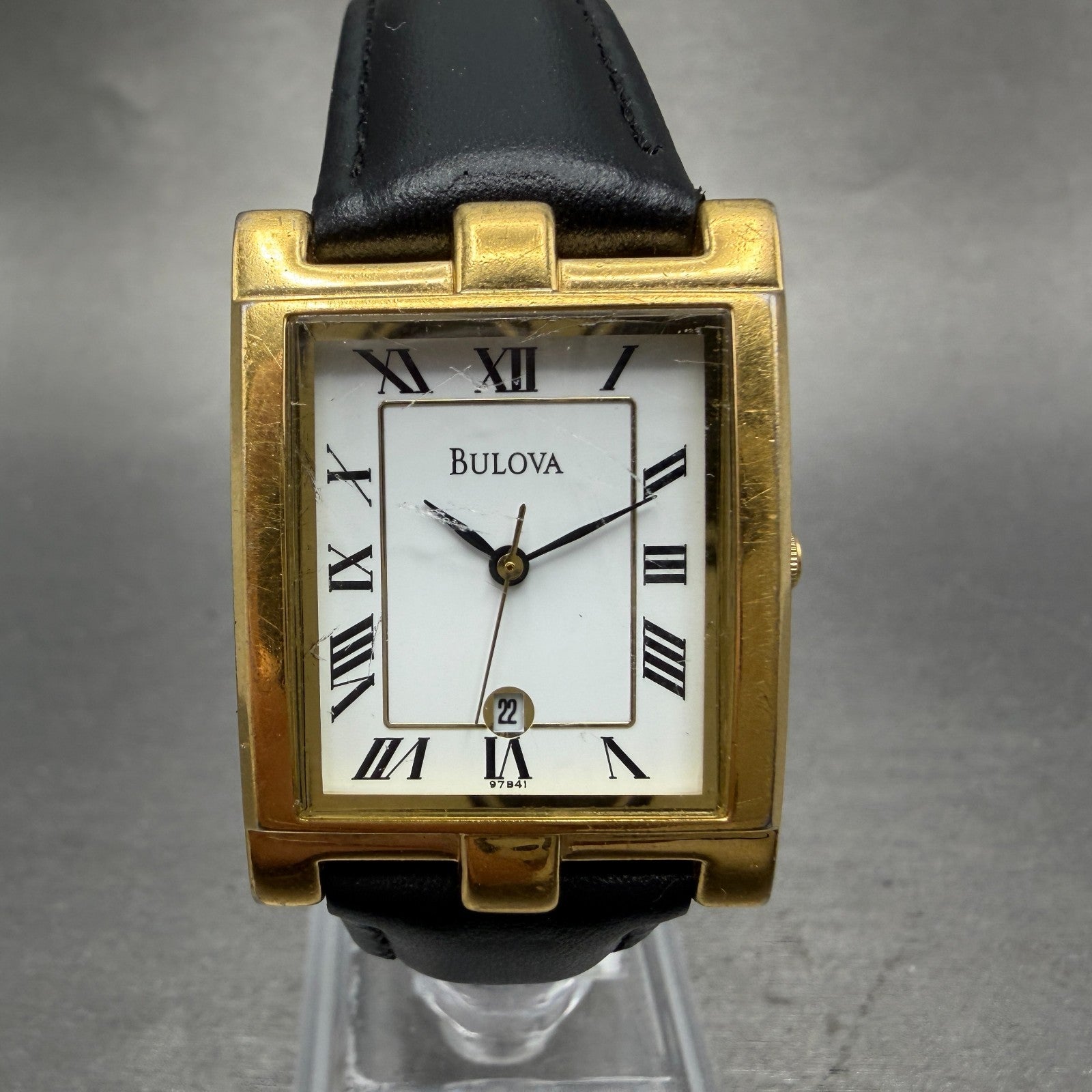 Bulova Tank Watch Men 26mm White Dial Gold Tone Date Rectangle 97B41 New Battery0