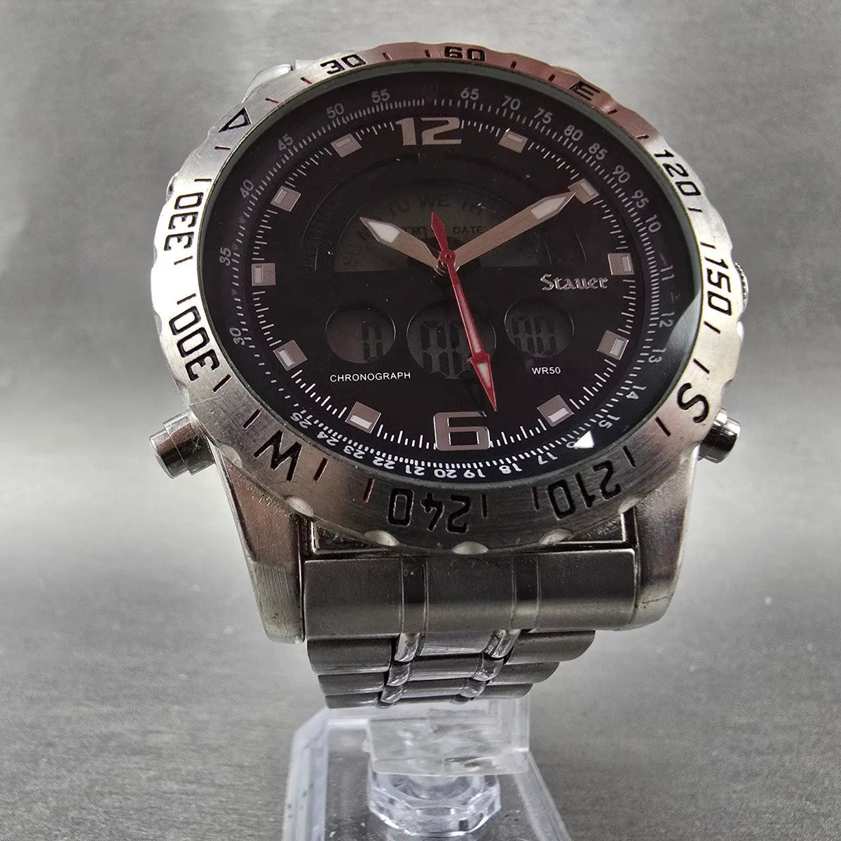 Stauer Compendium Watch Men 46mm Black Dial Silver Alarm Chrono 19093 New Batt5