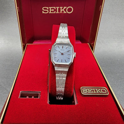 Seiko Watch Women 19mm Blue Dial Silver Tone Rectangle Manual Wind Runs NOS0