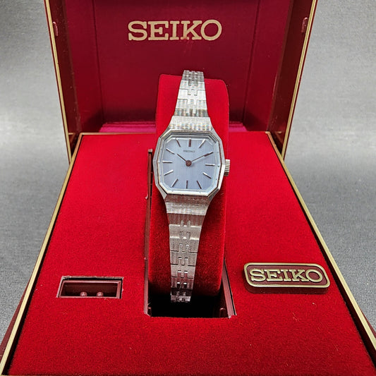 Seiko Watch Women 19mm Blue Dial Silver Tone Rectangle Manual Wind Runs NOS0