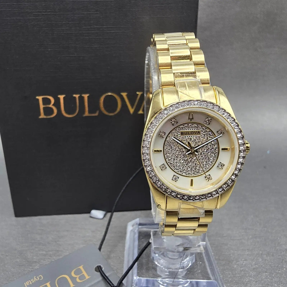 Bulova Watch Women 24mm MOP Dial Gold Tone Round Crystal Bezel 98L315 New batt 20