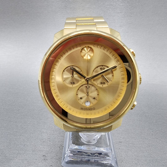 Movado Bold Chronograph Watch Men 44mm Gold Dial Gold Tone Round 3600278 New Bat0