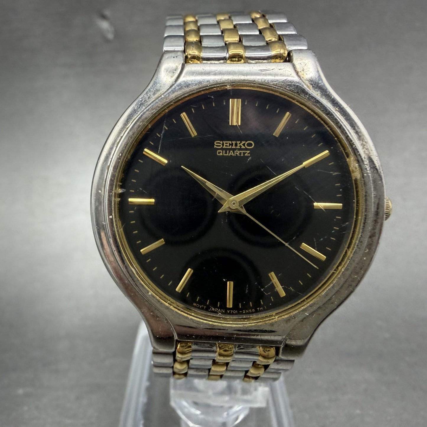 Seiko Watch Men 34mm Black Dial Two Tone Round  Vintage V701-1K20 New Battery0