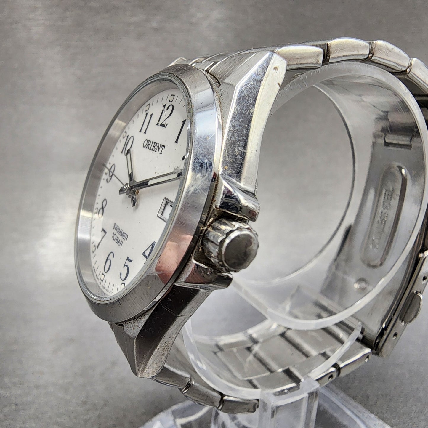 Orient Swimmer Watch Men 36mm White Dial Silver Tone Date Round New Battery2