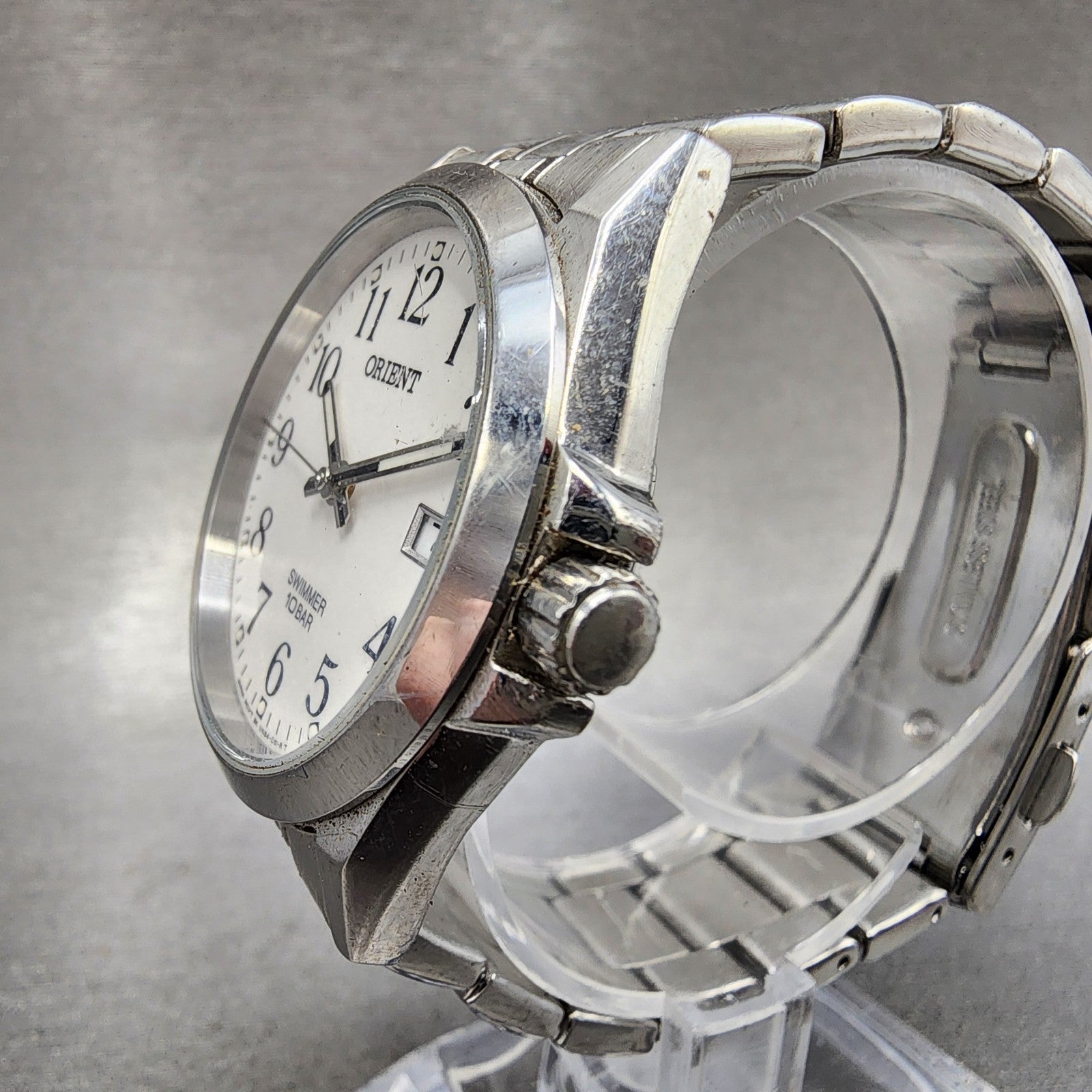 Orient Swimmer Watch Men 36mm White Dial Silver Tone Date Round New Battery2