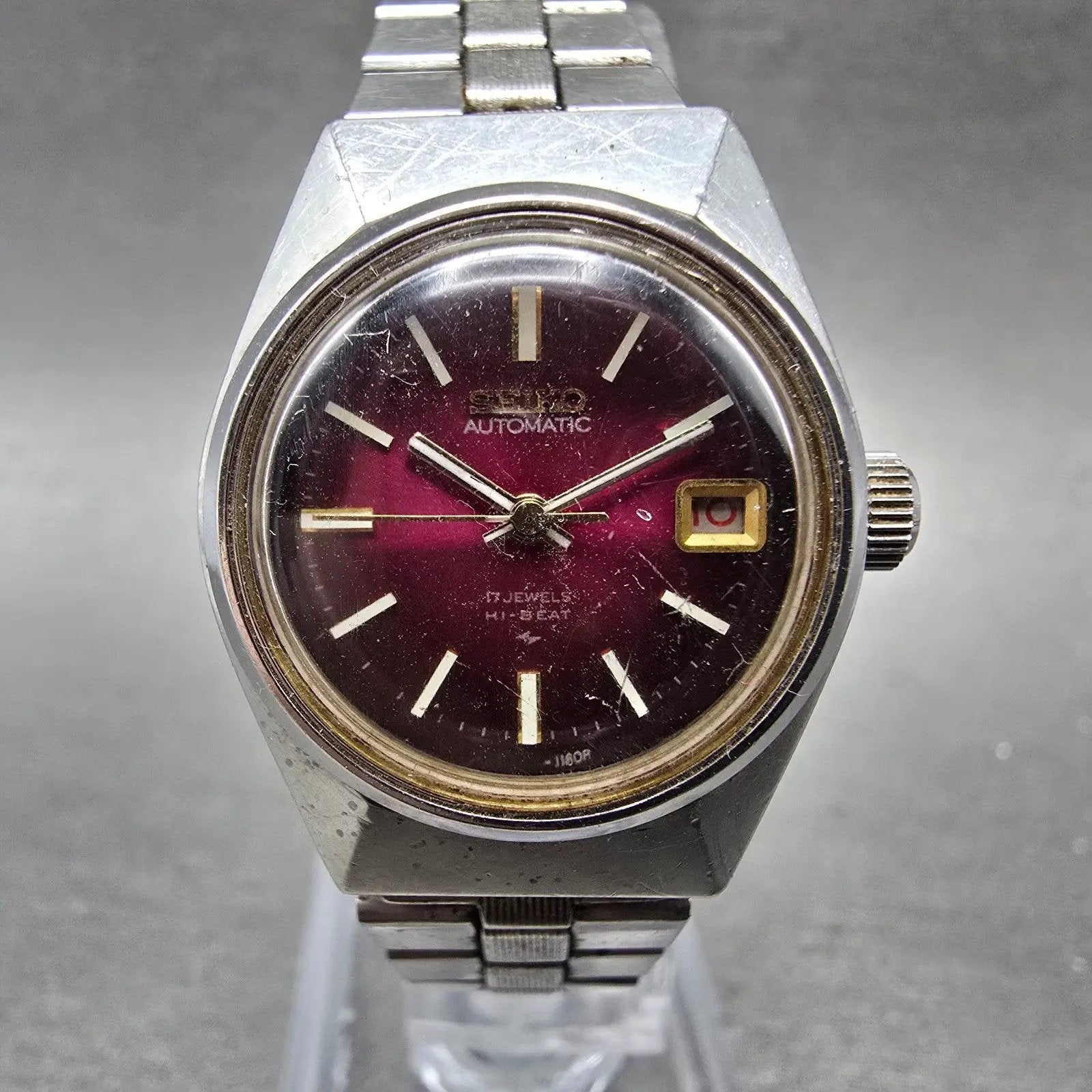 Seiko Automatic Watch Women 24mm Purple Dial Silver Tone Date 2205-0679 Runs VTG0