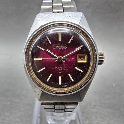 Seiko Automatic Watch Women 24mm Purple Dial Silver Tone Date 2205-0679 Runs VTG0