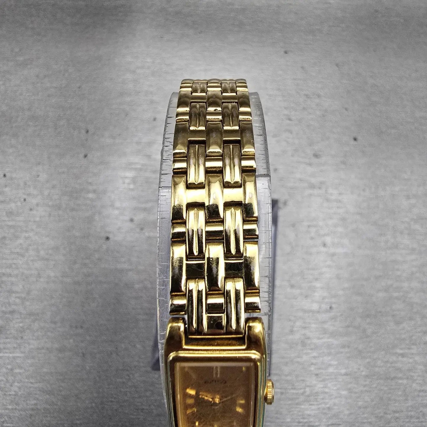 Seiko Watch Women 13mm Gold Dial Gold Tone Rectangle 2E20-7021 New Battery VTG4
