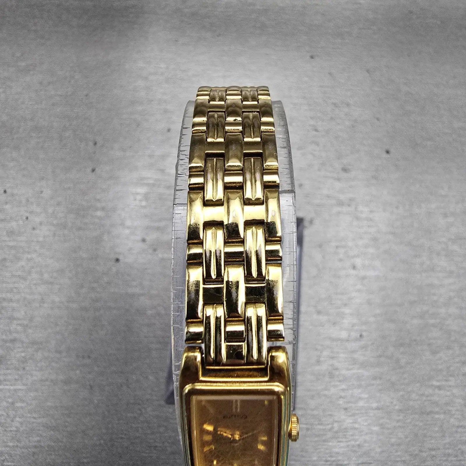 Seiko Watch Women 13mm Gold Dial Gold Tone Rectangle 2E20-7021 New Battery VTG4