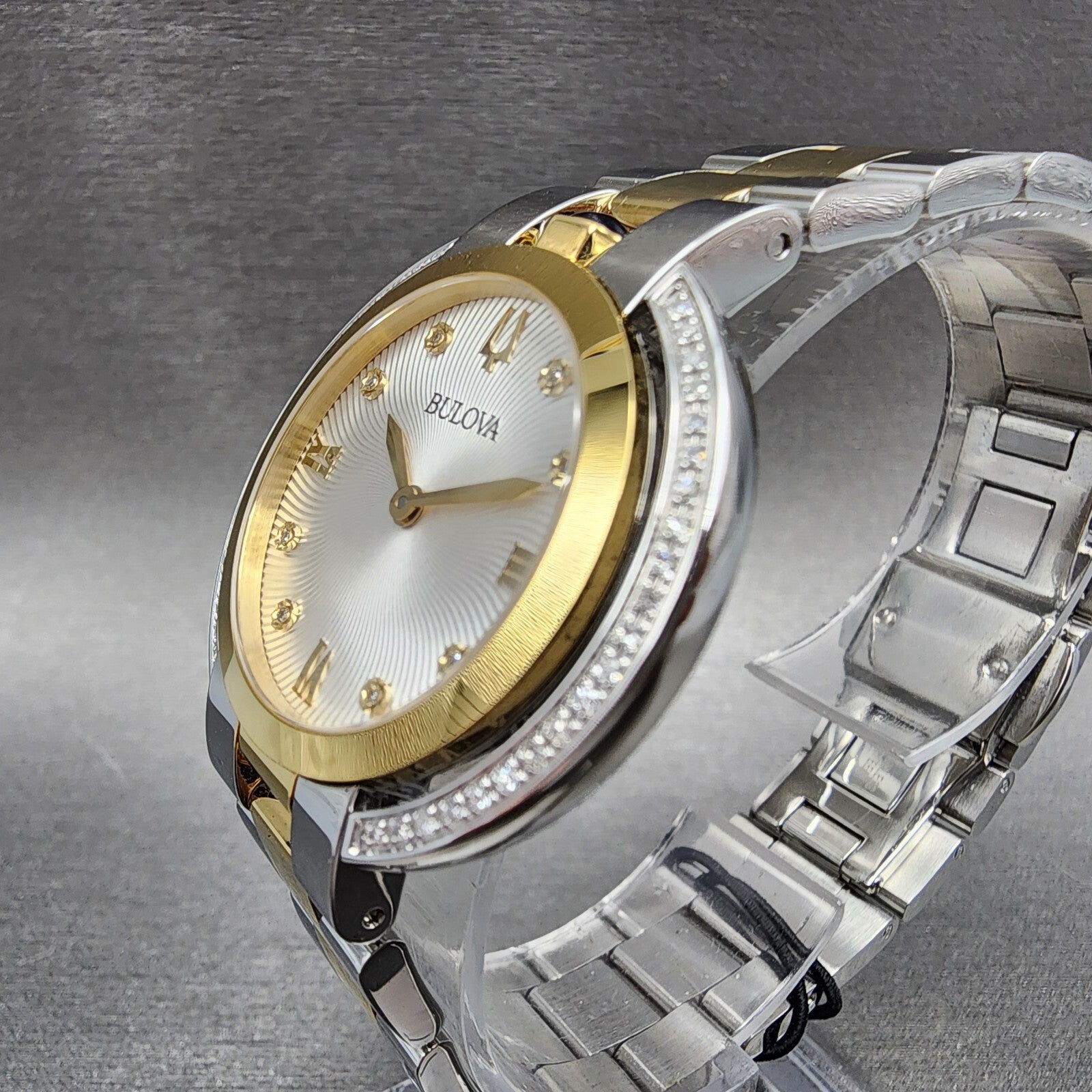 Bulova Rubaiyat Watch Women 35mm Silver Dial Two Tone Diamond Bezel 98R2462