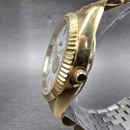 Belair Watch Men 35mm White Dial Gold Tone Date Round New Battery2