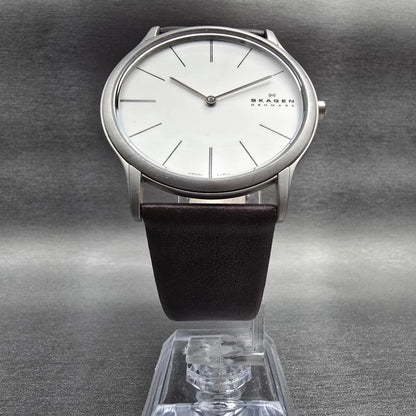 Skagen Watch Men 39mm Silver Dial Silver Leather Round 858XLSLD New Battery5
