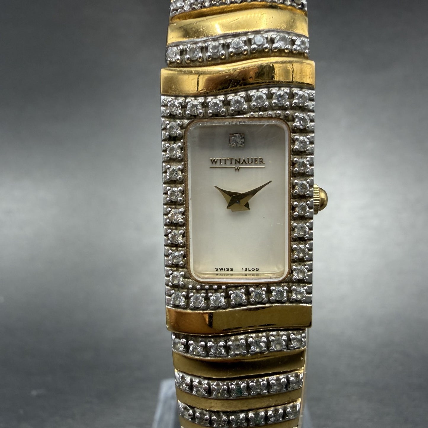 Wittnauer Tank Watch Women 14mm MOP Dial Gold Tone Diamond Bezel 12L05 New Batt0