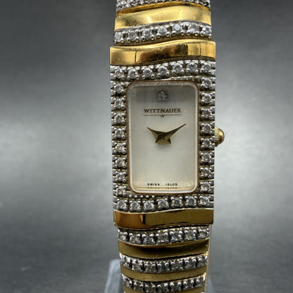Wittnauer Tank Watch Women 14mm MOP Dial Gold Tone Diamond Bezel 12L05 New Batt0