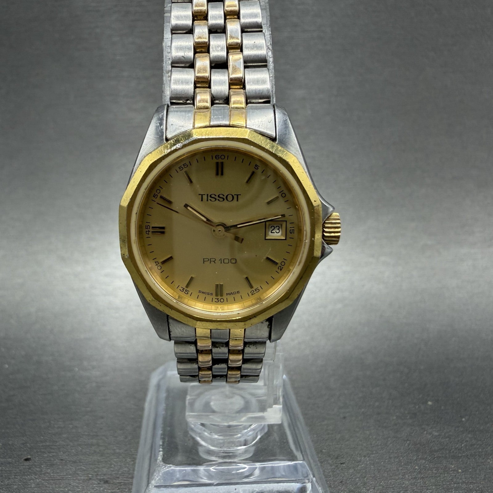 Tissot PR100 Watch Women 25mm Gold Dial Two Tone Date Round P332/432 New Batt0
