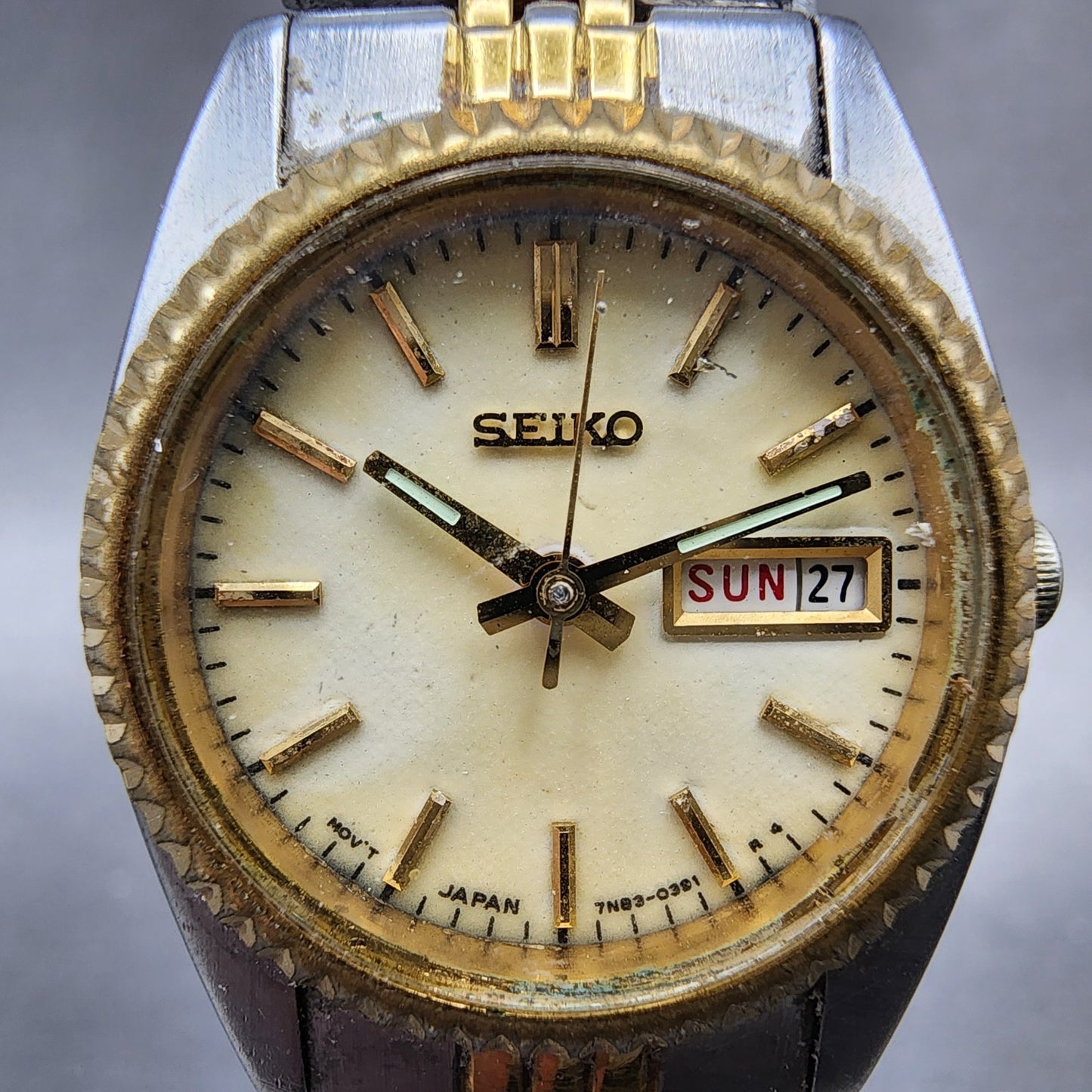 Seiko Watch Women 25mm Cream Dial Two Tone daydate Round 7n830041 New Batt AB561