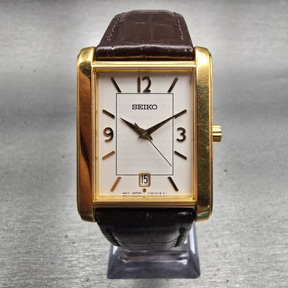 Seiko Tank Watch Men 27mm White Dial Gold Tone Date Rectangle V732-0449 New Batt0