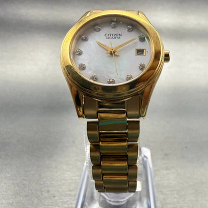 Citizen Watch Women 26mm MOP Dial Gold Gemmed Date Round 1012-S075688 New Batt5