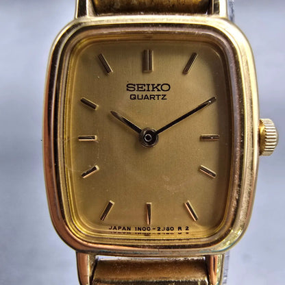 Seiko Watch Women 17mm Gold Dial Gold Tone Rectangle 1N00-5K29 New Battery VTG F1